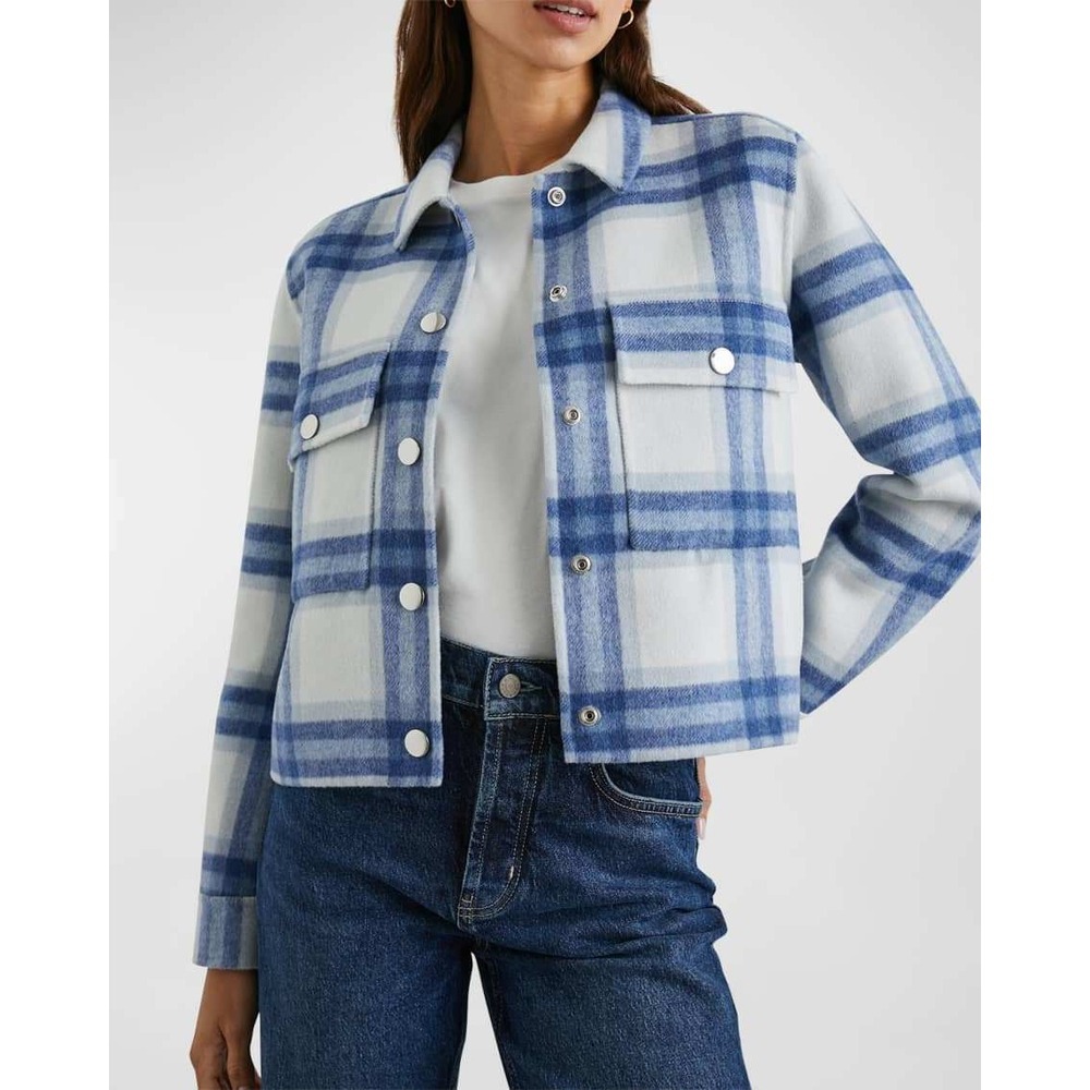 Rails Wool Blend Steffi Plaid Button Front Cropped Shirt Jacket Blue XL
